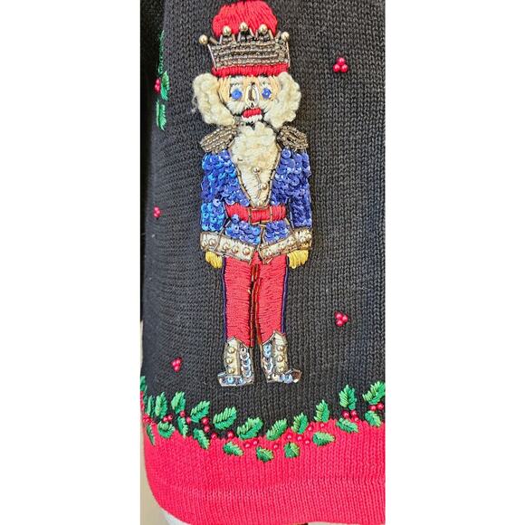 Vtg Christmas Cardigan Sweater Petite Small Victoria Jones Beaded 3D Nutcrackers - Picture 2 of 10
